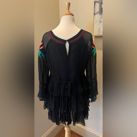 ROJA Western Black Boho Embroidered Floral Sheer Tunic Dress S - Picture 4 of 9
